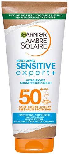 Garnier Sonnenschutzmilch mit LSF 50+, Sehr leichte und rückstandslose Sonnencreme für helle und empfindliche Haut, Ambre Solaire Sensitive expert+, 1 x 200 ml