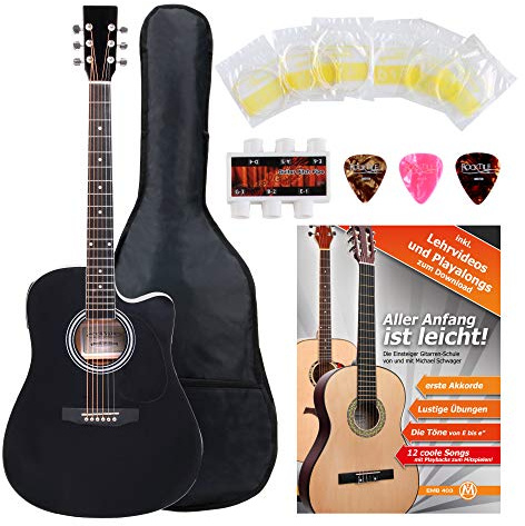 Classic Cantabile WS-10BK-CE Westerngitarre mit Tonabnehmer Starter-Set (Dreadnought-Style, Cutaway, 6 Saiten, 20 Bünde, inkl. Zubehörset, Gitarrentasche, Notenheft, Saiten, Plektren) schwarz