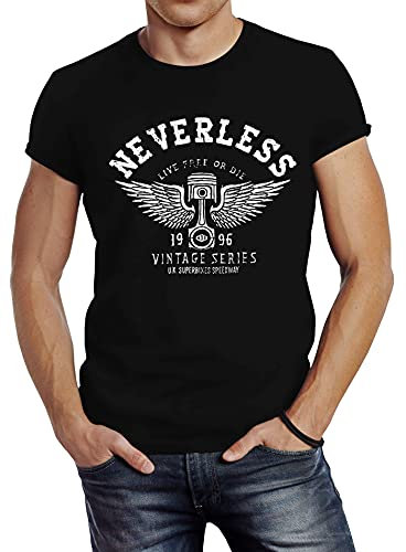 Neverless Herren T-Shirt Biker Motorrad Motorblock Engine Flügel Wings Slim Fit schwarz 3XL