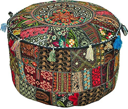 JaipurHandloom Black Indian Pouf Stool Vintage Patchwork Embellished With Patchwork Living Room Ottoman Cover, 46 X 33 Cm or 18X13 inches by Jaipur Handloom
