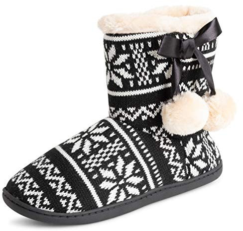 Polar Frauen Gedächtnisschaum Pom Pom Winter Kunstpelz Luxus Plüsch Gemütliche Gummisohle Innen Draussen Hausschuhe - Schwarz/Weiß - UK9/EU42 - YC0710