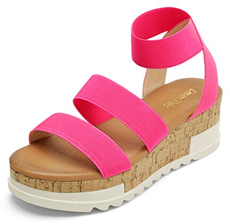 DREAM PAIRS Womens Elastic Strappy Wedge Sandals Platform Open Toe Summer Beach Low Wedges Shoes,Size 6,Neon/Pink,Reed-1