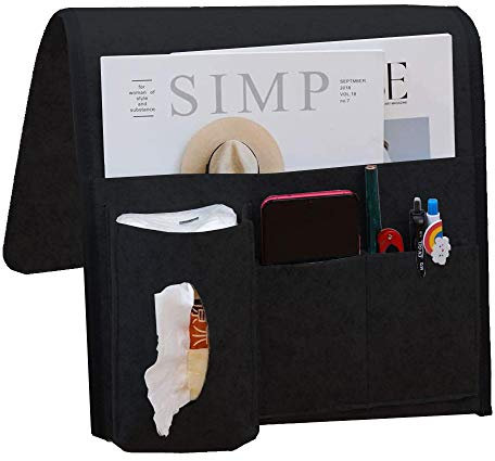 Bedside Organizer, Filz hängende Organizer Tasche, Dicker Betttasche aus Filz, Anti Rutsch Filz Betttasche für Buch, Zeitschriften, iPad, Handy, Schreibtisch, Schlafsaal, Fernbedienung (Schwarz)