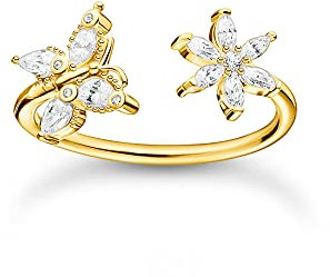 THOMAS SABO offener Ring in Gold, Schmetterling und Blüte mit Zirkonia Steinen, 750 vergoldung, 925 Sterlingsilber, Ringgröße 56, TR2355-414-14-56