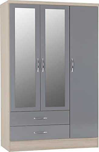 A T Seconique Bedroom Wardrobes - Nevada 3 Door 2 Drawer Mirrored Wardrobe with Drawers in Grey Gloss/Light Oak Effect Veneer