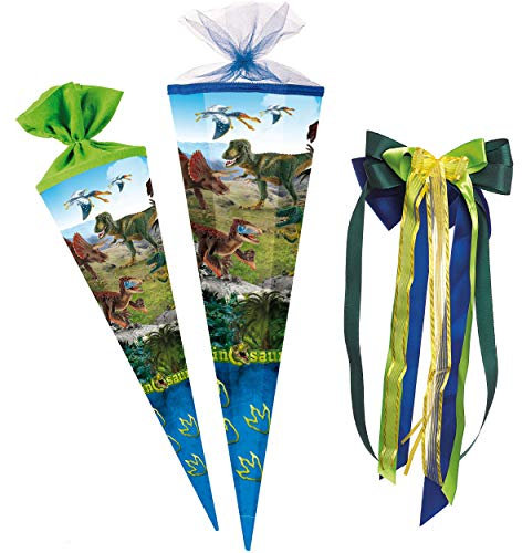 Schultüte - Dinosaurier - Dinosaurs/Dino - 85 cm - eckig - incl. große Schleife - Tüllabschluß - Zuckertüte - mit/ohne Kunststoff Spitze - Nestler - S..