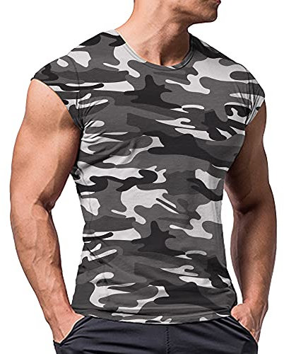Herren Sportlich T-Shirts Tees Kurz Ärmel Bodybuilding Trainieren Ausbildung Fitness Tops Crew Hals Baumwolle Schwarz Camo M