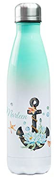 GRAZDesign Thermosflasche 500ml mit Namen personalisiert aus Edelstahl, Mint Weiß Flasche, Trinkflasche für Frauen, Mädchen Motiv Anker mit Seerose und Stern maritim
