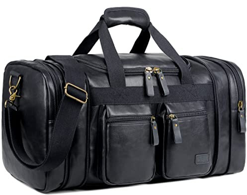 Reisetasche aus veganem Leder, Wochenendtasche, Handgepäcktasche, Übernachtungstasche, Sporttasche für Damen und Herren HB-21, Schwarz, Reisetasche aus Leder