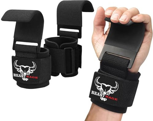 BEAST RAGE Fitness Ganchos Levantamiento Peso Correas de Agarre Gym para Culturismo Gimnasio Grip Neopreno Acolchado Grueso Muñecas Elevación Guantes Muñequeras Pesas Hook Straps