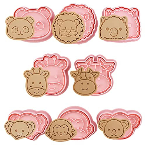 Animal Head Cookie Cutter Set of 8 3D Plastic Cookie Cutters Stamps Cartoon Animal Panda,Lion,Sheep,Cow,Giraff,Elepant,Monkey,Koala Cookie Press Biscuit Cutter Mould Set for Baking Party Supplies