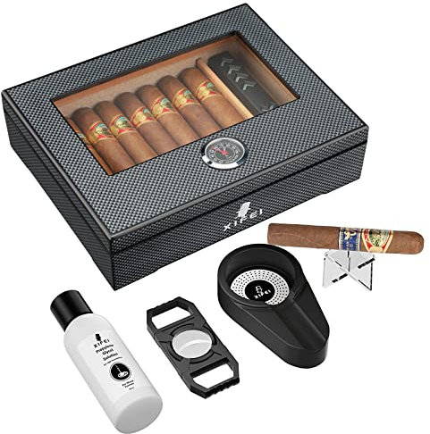 XIFEI Cigar Humidor, Glass Top carbon fiber texture top inlay Hygrometer, including Cigar humidifier, acrylic Cigar stand,Cigar ashtray and Humidor Solution, Holds 25-60 Cigars (9IN *7.5 * 2.8)