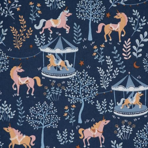 SCHÖNER LEBEN. Baumwollstoff Dekostoff Carrousel Pferde Karussell Bäume blau 1,60m
