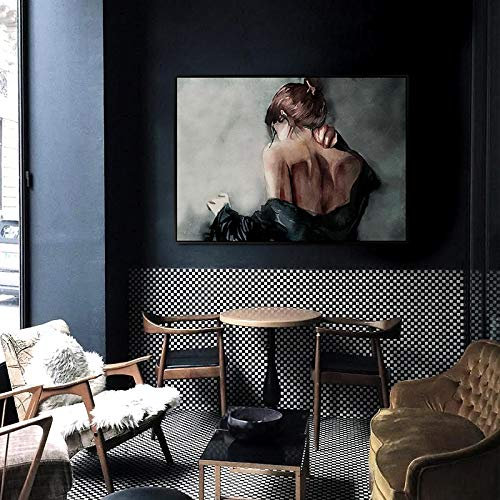 OUSHION ART Industrial Loft Wandbild für Wohnzimmer Dekoration Schlankes Mädchen Rückansicht Porträt Schwarz Wandkunst Poster Leinwand Gemälde Poster 55x83cm Rahmenlos