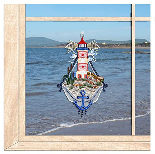 atelier alles-Spitze Maritimes Fensterbild Leuchtturm | Eine wiederverwendbare Fensterdekoration aus hochwertiger Vogtländischer Luft-Spitze | HxB: 33 x 20 cm