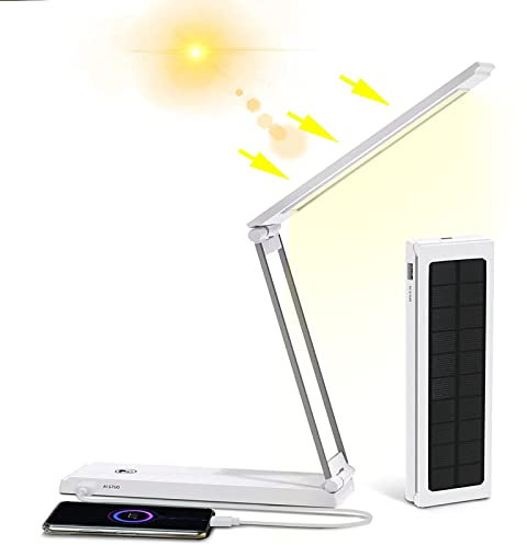Solar LED Schreibtischlampe, Kabellos Tischleuchte Faltbar mit Power Bank 10000mAh Akku Tischlampe mit Solar und USB-Ladefunktion 6W Dimmbar Tischleuchte für Büro Schlafzimmer Reise und Notbeleuchtung