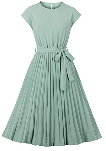 Wellwits Damen Polka Dots Flügelärmel Plissee Vintage Kleid, Solides Hellgrün, Medium