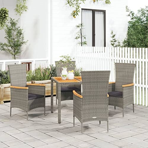 Tidyard 5-TLG. Garten Essgruppe, Sitzgruppe Garten 4 Personen, Terrassenmöbel, Gartenmöbel, Esstisch mit Holz-Tischplatte & 4 Stühlen, mit Kissen Grau Poly Rattan