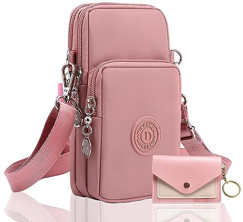 Pochette Portable Bandoulière Femme 2 Pcs Petit Sac Bandouliere Avec Prise Telephone Portable Petit Oxford Messenger En Tissu Brassard De Sport Avec Bandoulière Réglable Avec Porte-Cartes En Pu Rose