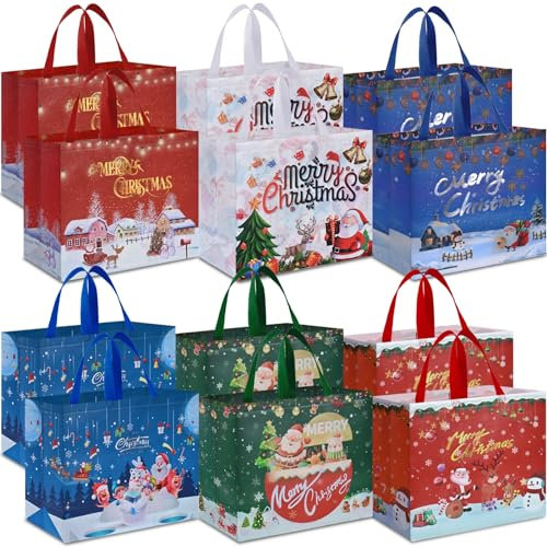 AhfuLife 12 Stück Geschenktüten Weihnachten Groß, Non Woven Weihnachtstaschen Weihnachtstüten Geschenktaschen mit Griffen, Weihnachtsgeschenktüten, Weihnachts Geschenktüten, 40 * 36 * 15CM