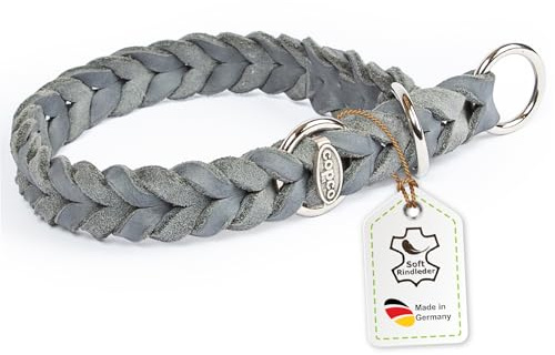 CopcoPet Hundehalsband Würger 40–45 cm x 15mm Grau – Geflochtenes Halsband mit Zugstopp & verchromtem Ring – Aus robustem Fettleder – Für mittelgroße Hunde – Weiches Lederhalsband fürs Training