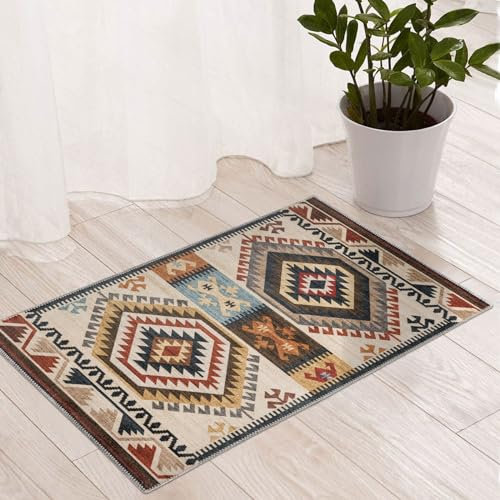 TALETA Fußmatte innen waschbare, dünn Fussmatte bunt, Kleiner Teppich Vintage Bettvorleger rutschfest für Schlafzimmer, fußmatten für Haustür, Küche, Ecke, Vor dem Bett - braun, 50 x 80 cm