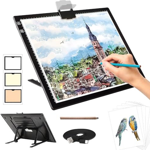 Zocelight Bloc lumineux A3 rechargeable pour peinture diamant, traçage avec support et clip, 3 couleurs à intensité variable et 6 niveaux de luminosité pour artistes, dessin, croquis, animation