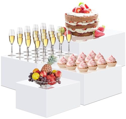 BINBE Acryl-Ständer für die Ausstellung, Acryl-Würfelbox, Dessert-Ständer mit hohlen Böden, 4 verschiedene Größen, Produkt-Erhöhungen für Party-Dekoration (Weiß, 17,8 x 20,3 x 22,9 x 25,4 cm, 1 Set)