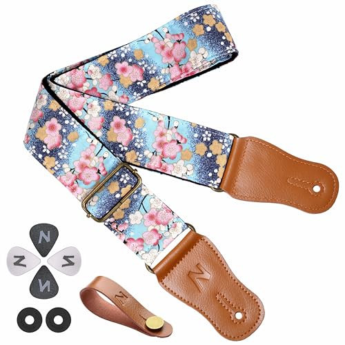 Nefelibata Japanischer Baumwollgitarrengurt für Akustikgitarre, Ukulele, kostenloser Kopfplattengurt-Adapter mit Schnalle, Gitarrenplektren und Gurtschloss