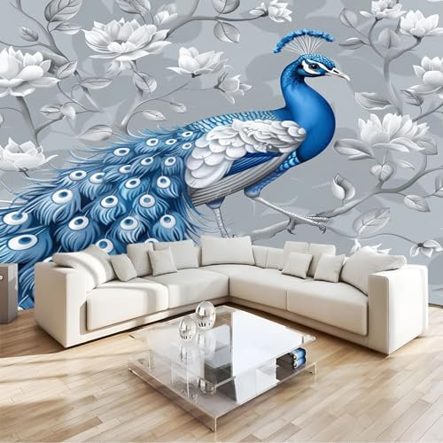 Blue Peacock Photo Wallpaper - 350 x 256 cm Non-Woven Premium Fleece Wall Mural - High Definition Art Print Teen Bedroom Game Room Decoration Photo Mural