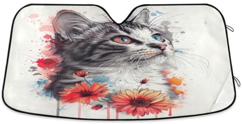 Windschutzscheiben-Sonnenschutz, Motiv: Katze mit Blumen, faltbar, schützt vor UV-Strahlen, hält Ihr Fahrzeug kühl, 139,7 x 70,1 cm