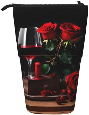 YQxwJL Rote Rose und Wein Romantische Liebhaber Dekor Druck Teleskop-Federmäppchen Pop Up Federmäppchen Stand Up Stifthalter Niedliche Stifttasche für Erwachsene