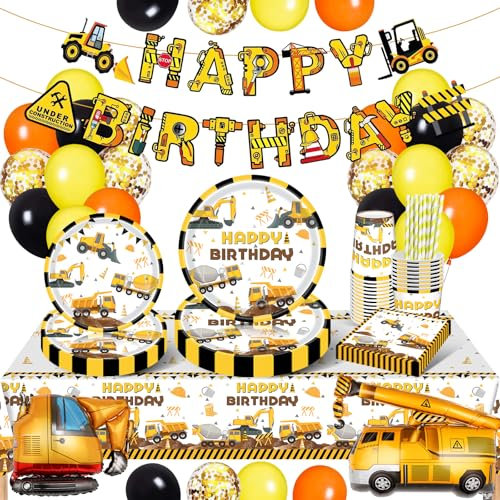 Decoration Anniversaire Chantier, Kit Anniversaire Chantier, Vaisselle Anniversaire Chantier de fête avec ballon de chantier assiettes gobelets serviettes pour 16 personnes