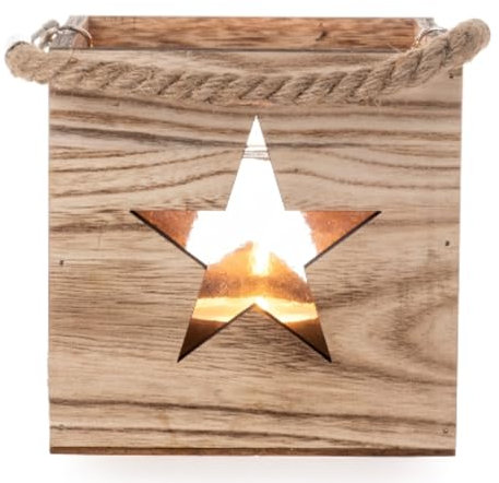 Windlicht Holzbox Stern H:14 cm mit Glaseinsatz und Jute Henkel - Kerzenleuchte, Kerzenhalter Weihnachten, Teelichthalter Advent, Garten Terassen Deko