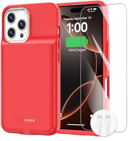 iPhone 16 Pro Battery Case, 15W Fast Charging 8500mAh Ultra-Slim Lightweight Powerful Battery Pack Rechargeable Anti-Fall TPU Juice Box (6.3) Red