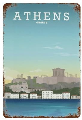 Bauernhaus-Badezimmer-Dekor, Wandkunst, lustige Badezimmer-Wanddekoration, Schilder, Griechenland, Athen-Akropolis, Blechschild, Heimdekoration (20 x 30 cm)