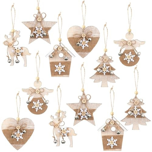 HERZONE 12pcs Holzanhänger Weihnachten Weihnachtsbaum Holz Anhänger Weihnachten Weihnachtsanhang Holz für Weihnachtsbaum DIY Anhänger Dekoration (A)