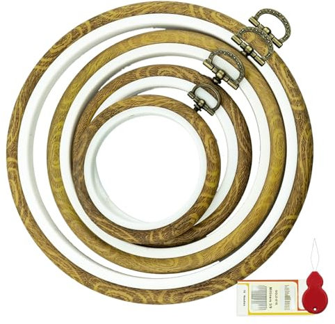 4 Größen Holzimitat, rund, Stickrahmen, Set, Kunststoff, Kreis, Kreuzstich, Ringe für Heimwerker, Basteln, Nähen, inklusive 16 Nähnadeln mit goldenem Öhr