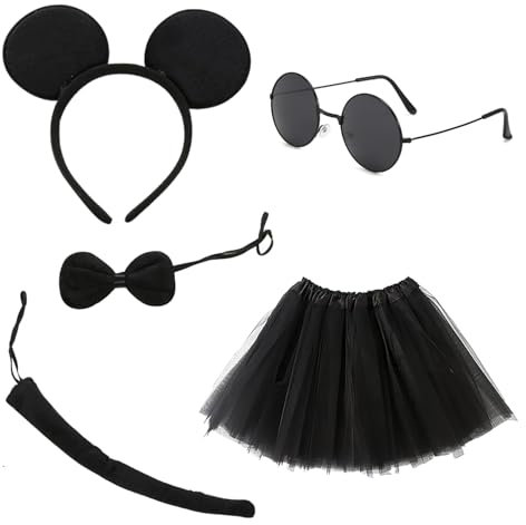 HAICN 5Pieces Mouse Role Play Costume Set Black Mouse Ears Headband Bow Tie Tail Tutu Skirt Glasses World Book Day Animal Costume for Adults Party Cosplay