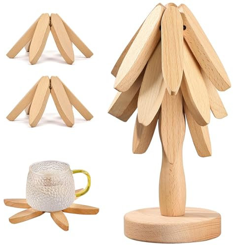 Lxoraziy Tree Shape Trivet Set, 3 Wooden Trivet + 1 Stand, Trivets for Hot Pots and Pans, Foldable Coaster for Hot Dishes Bowl Teapot