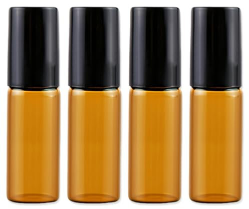 Flacon Roll On Vide, 4pcs Roll On Huile Essentielle Vide, 5ml Bouteil Brun Verre Flacon Roller Rechargeable, Avec Bille en Acier Inoxydable
