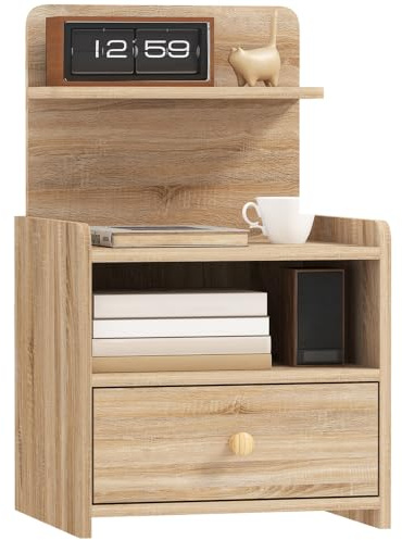 HOMCOM Nachttisch mit Schublade Beistelltisch 40 x 35 x 66 cm Naturholz | Nachtschrank mit offenen Ablage, Fach, Nachtkommode für Schlafzimmer, Wohnzimmer
