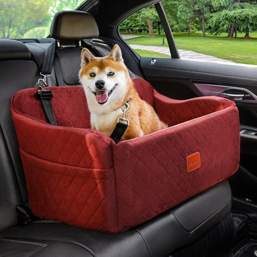 Lealchum Dog Booster Car Seat for Medium Dogs,Two Clip-On Safety Leashs Dog Car Bed for Two Small Dogs, Removable and Washable Comfy Pet Cars Seat,Easy to Install and Clean (Red, Large)