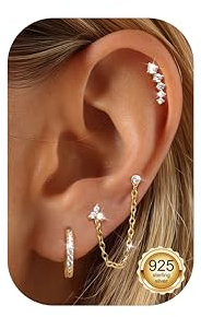 Adramata 4 Paar Ohrringe Silber 925 für Damen 14K Vergoldet Creolen Ohrstecker mit Kette, Hypoallergen Piercing Ohr Helix Knorpel Ohrringe für Mehrere Ohrlöcher