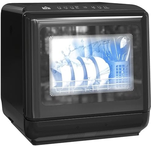 HOMCOM Tabletop Dishwasher, Mini Countertop Dishwasher with Built-in 6L Water Tank, 6 Programs, Touch Control, LED Display, 4 Place Settings, Dual Water Supply and Air Drying Function, Black