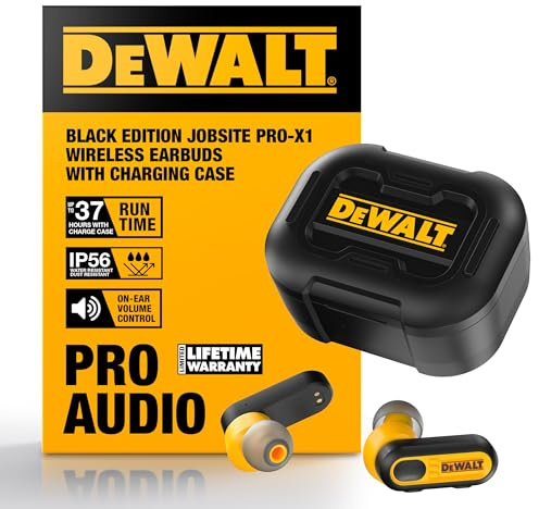 DEWALT Heavy Duty True Wireless Ear Buds, Bluetooth Headphones with Type C Charging Case Included, 37 Hours of Battery Life, Easy Setup for iPhone, Perfect for Jobsite, Outdoor Work - Black Edition