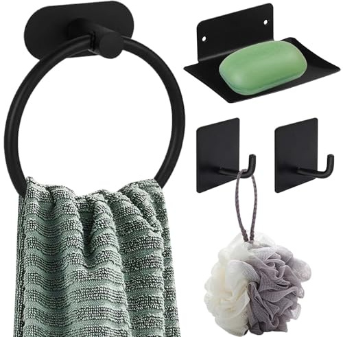 4 Pcs Ensemble Porte Serviette Salle De Bain,Anneau Porte-Serviettes sans Perçage,Porte-Savon Douche Acier Inoxydable,2 Crochet Porte-Serviettes Autocollant,pour Cuisine et Salle De Bain