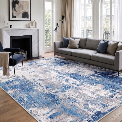 INOVADAY Abstrakt Waschbarer Teppich 244x305 cm Blau/Grau | Teppich Wohnzimmer, Teppich Waschbar, Schlafzimmer, Esszimmer, Büro, Moderne Minimalistische, Kurzflor Weich Rutschfest, OEKO
