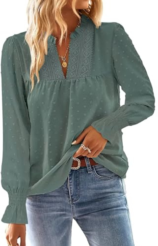 TUUHAW Tee Shirt Femme Boho Col en V Top Manches Longues Dentelle | Blouse Haut Été Chic et Élégant Chemise Automne, Tunique à Point Suisse, T-Shirt Mousseline Fluide Blouses Loose