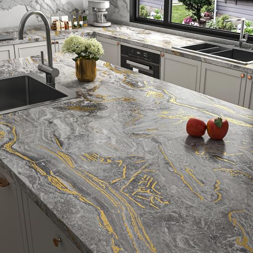 Stickyart Carta Adesiva per Mobili Effetto Marmo Grigio Dorato Antigraffio 30cmX400cm Pellicole Adesive per Mobili Cucina Lavabile Carta da Parati Adesiva Armadio Rivestimento Top Cucina Piano Lavoro